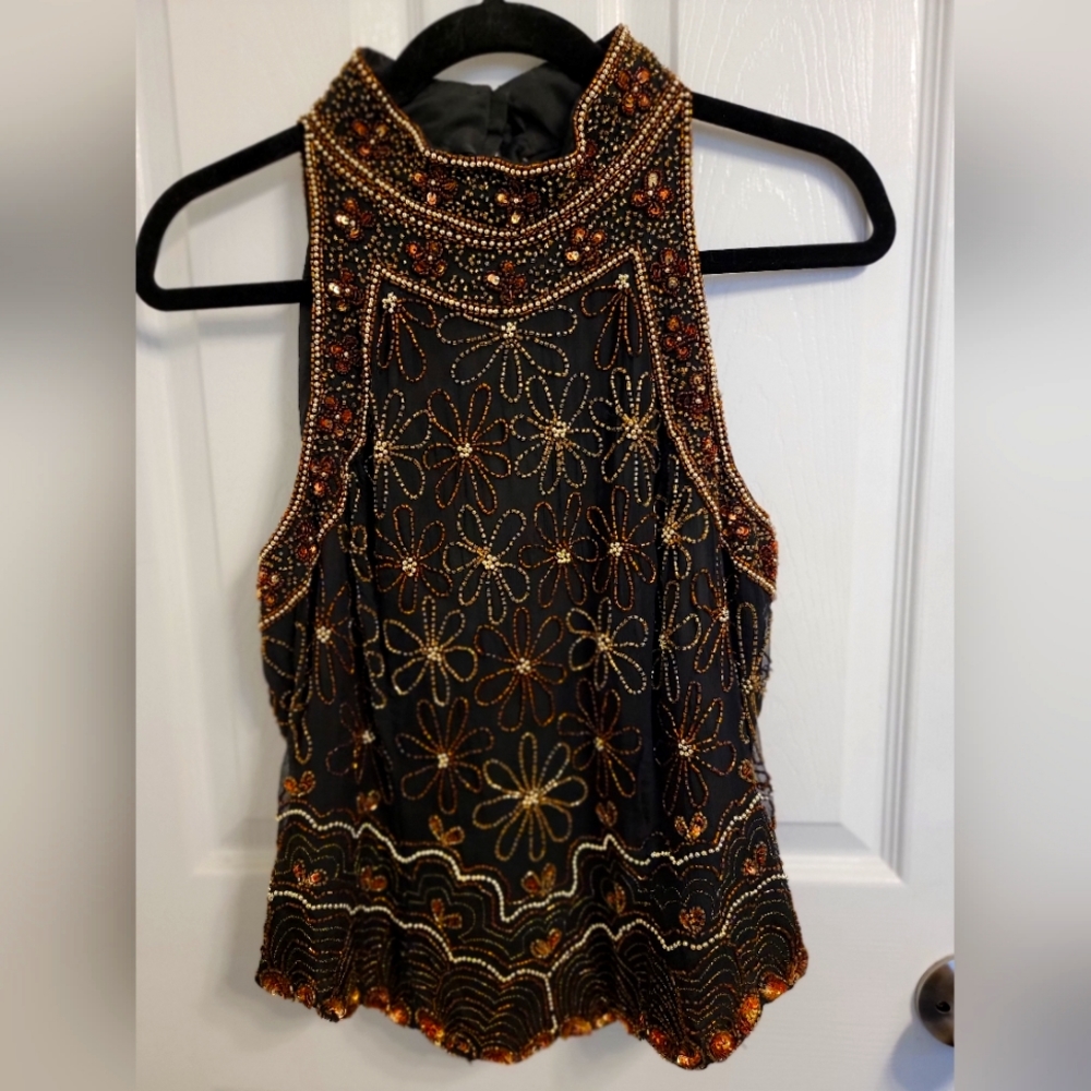 Vintage Beaded Embroidered High-Neck Evening Top